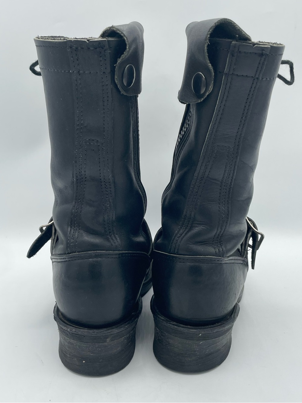 Double H Vintage Black Leather Lace-Up Combat Moto Boots with Buckle Strap. - Picture 6 of 16
